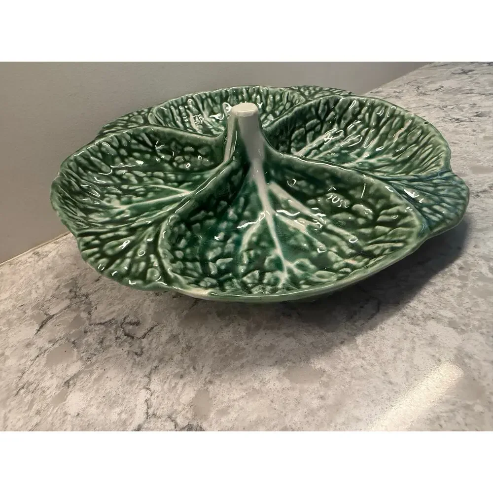 Vintage Portugal Majolica Cabbage Leaf Four Part Relish / Server